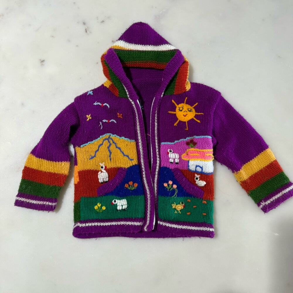 Handmade Full Zip Hooded Knit Sweater Unisex Embroidered Animal Colorful Rainbow